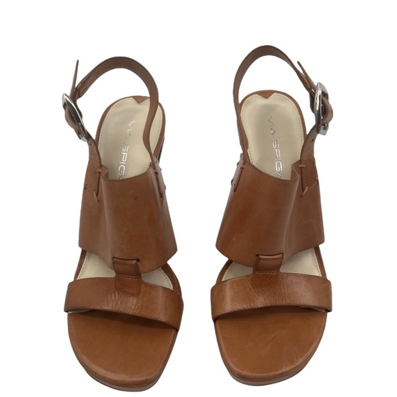 Via Spiga Tan Leather Square Toe Block Heel Sandals Size 6 Women’s - Picture 3 of 8